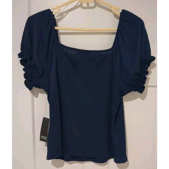 ANA Navy NWT Square Neck Puff Short Sleeve Medium Crinkle Material With Stretch - Picture 3 of 13
